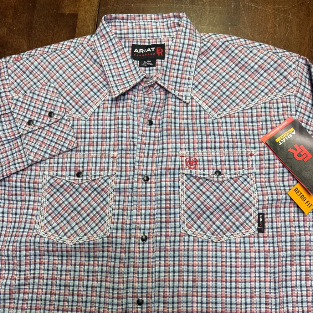 New Ariat FR Hartson Retro Snap Work Shirt Mens XL Micro Plaid 10027813 NWT